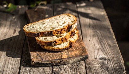 Slices of rustic bread on a wooden cutting board
