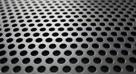 Close-up image displays a metal sheet perforated with evenly spaced circular holes, creating a symmetrical pattern with dramatic lighting which emphasizes depth and texture across the entire surface.