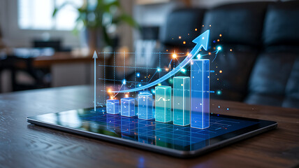 Global technology and digital business concept with computers, networks, and online communication on a blue 3D world map screen