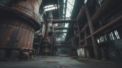 Abandoned Steel Factory with Rusty Pipes and Broken Machinery