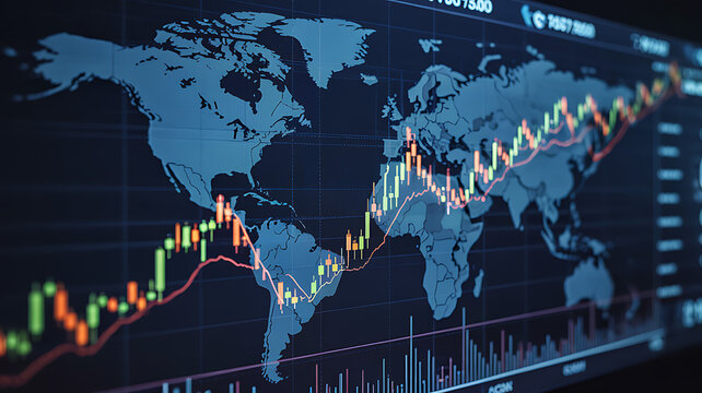 Global stock market graphs and world map business illustration in blue technology design
