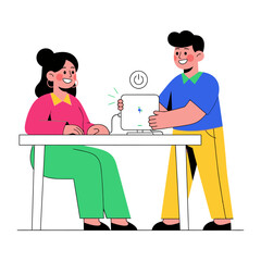 Connected with Technology: Two individuals collaborate, a person presenting a monitor, as they interact with digital tools, the essence of human connection, support, and the digital frontier.