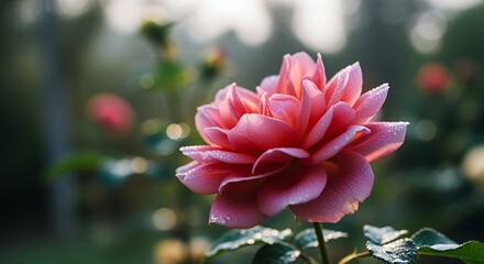 Dew-Kissed Pink Rose in a Garden at Dawn