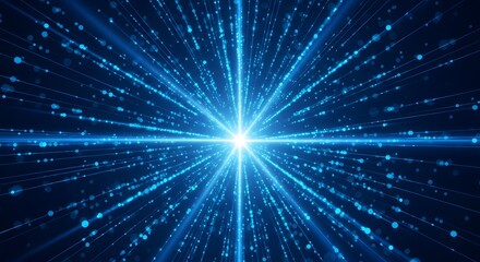 A vibrant blue light bursts forth, radiating outward in streaks of sparkling particles. The effect creates a sense of intense energy and movement, like looking down a futuristic tunnel
