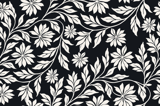 Seamless floral pattern with elegant white blossoms and leafy branches on a black background, perfect for vintage textile, wallpaper, fabric, and botanical design.