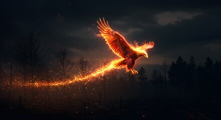 A fiery eagle soaring through a dark smoky forest with embers trailing behind