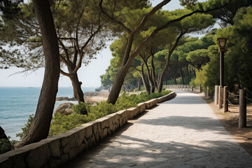 A quiet seaside promenade lined with lush greenery