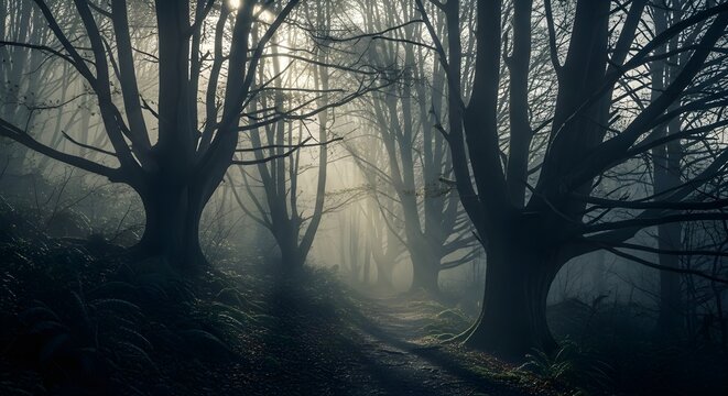 A mysterious path winds through a dark, foggy forest as sunlight streams through bare trees.