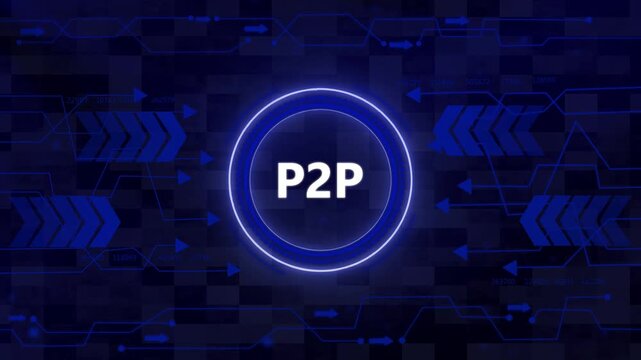 Businessman presses button with text P2P Peer-to-peer icon on virtual digital electronic user interface.