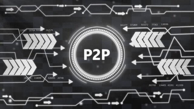Businessman presses button with text P2P Peer-to-peer icon on virtual digital electronic user interface.