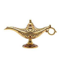 Fototapeta premium Ornate golden aladdin genie lamp with intricate carvings isolated on transparent background