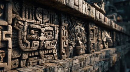 Ancient Aztec City Background with Detailed Stone Carvings and Art