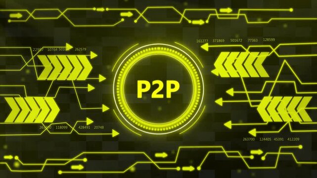 Businessman presses button with text P2P Peer-to-peer icon on virtual digital electronic user interface.