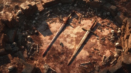 Fototapeta premium Ancient Battleground with Rusted Swords and Skeletal Remains