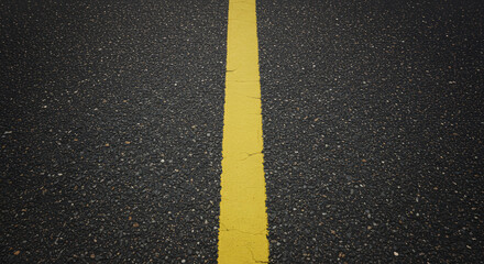 A close-up perspective captures the rough texture of dark asphalt, bisected by a single, vibrant yellow painted line creating a stark visual contrast with leading lines for a sense of direction.