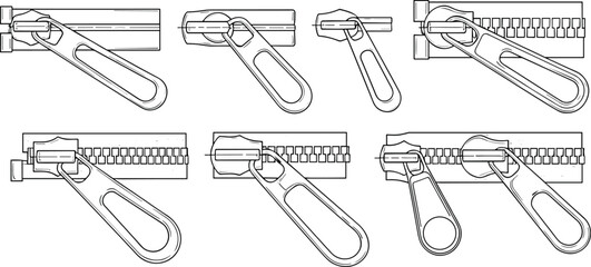 Vector zipper set, zipper puller collection, fashion accessory elements, sewing tool design, outline zipper icons, garment zipper clipart
