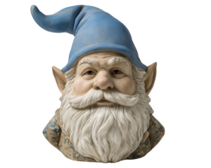 Garden gnome statue with blue hat, white beard, pointed ears, and detailed facial features, whimsical expression, decorative ornament for outdoor or indoor use, fantasy character