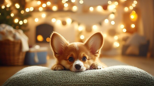 Mirrorless 50mm lens, sharp focus on puppyâ€™s face resting on cushion, blurred cozy living room background softly lit