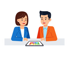 Fototapeta premium Business Discussion: Two professionals engaged in a dynamic business discussion, the central focus on data and charts in a colorful graphic. Focus on ideas, strategies.