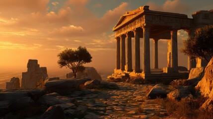 Obraz premium Ancient Greek Temple Ruins Bathed in Golden Sunset Glow