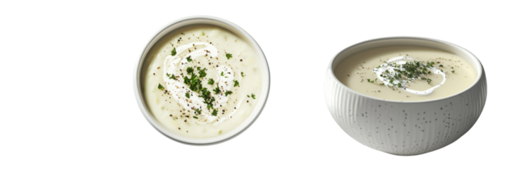 Two bowls of creamy soup garnished with herbs on white background. Set     