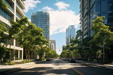 Wide street view between modern buildings in a big city