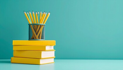 A stack of bright yellow books topped with a pencil holder filled with yellow pencils against a teal background.