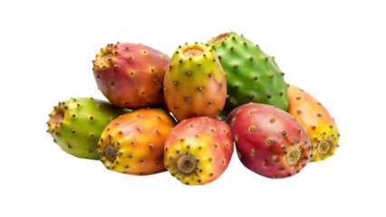 A colorful pile of prickly pear fruits with varying degrees of ripeness