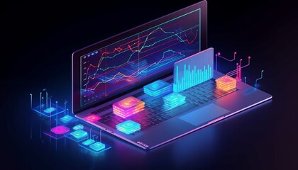 Application of isometric laptop with business graph and analytics data. Analysis trends and software development coding process concept