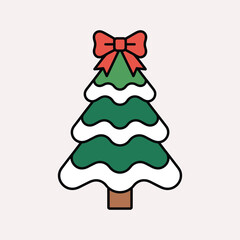 Colorful Christmas Tree with Red Bow and Snow, Flat Vector Illustration, Holiday Icon, Winter Season Clipart, Festive Decoration for Greeting Cards.