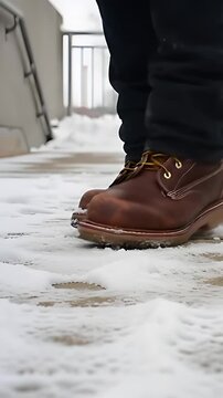 Low angle view of sturdy work boots emerging from a subway exit onto a pristine sidewalk blanketed in fresh white snow, conveying a sense of urban winter.