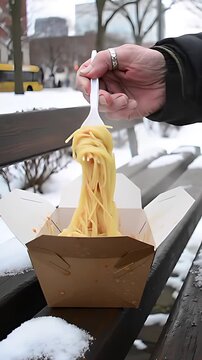 A hand uses a fork to twirl delicious spaghetti from a takeout container, enjoyed on a city park bench during a crisp winter day.