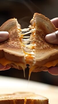 Hands gently pull apart a sizzling, golden-brown grilled cheese sandwich, revealing mouthwatering, elastic strands of melted cheese stretching between the halves.
