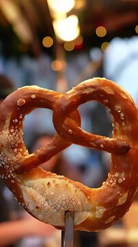 Golden pretzel from a bustling street cart, coarse salt crystals sparkling under the warm glow of festive city lights.