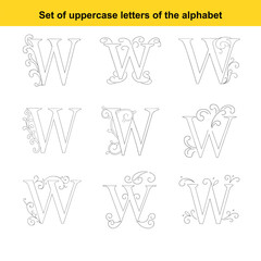 Assortment of Nine Stylized Uppercase Letter W Designs with Decorative Flourishes and Swirls uppercase W