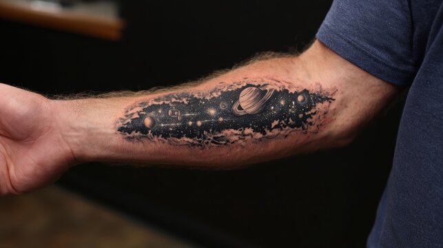 A realistic 3D tattoo on a man's forearm depicting a cosmic scene with stars and planets, appearing as if the skin is torn open to reveal the galaxy.