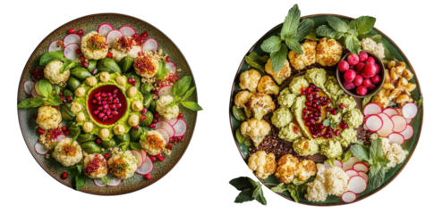 Colorful platter of fresh vegetables and dips on green plate. Set     