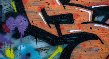 Detailed close-up of vibrant street art featuring bold black lines and shapes layered over textured orange and purple paint, creating a dynamic and visually engaging abstract composition.