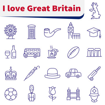 A set of icons depicting traditional and cultural symbols of Egypt. Symbols of Great Britain.