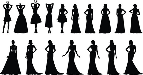 Elegant Silhouettes of Women in Stylish Dresses and Poses for Fashion, Art, Design, Vector Illustration, and Adobe Stock Content