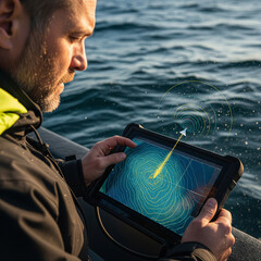 Close-up of engineer with planset with sonar of reconnaissance boat in action monitors data in real time which emits sound waves into seawater revealing contours of seabed, sea and ocean research