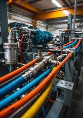 Fototapeta premium Close-up of Industrial Machinery A Detailed View of Pipes, Valves, and Equipment in a Manufacturing Facility, high resolution photo