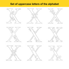 Collection of nine ornate uppercase letter X designs with floral and scrollwork embellishments alphabet