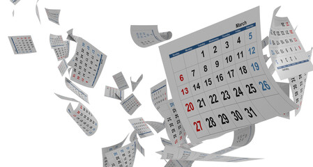 calendar pages flying in transparent background - 3d rendering