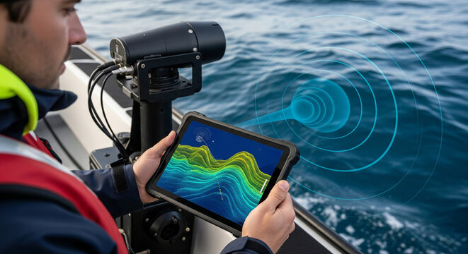 Close-up of engineer with planset with sonar of reconnaissance boat in action monitors data in real time which emits sound waves into seawater revealing contours of seabed, sea and ocean research