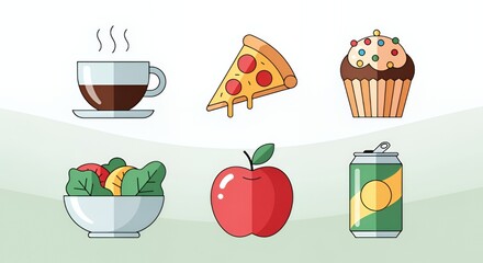 Fototapeta premium Assorted Food and Drinks Icons: A Colorful Collection of Delicious Items