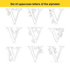 Ensemble of Nine Ornate Uppercase Letter V Designs with Swirls and Leaf Accents uppercase V alphabet