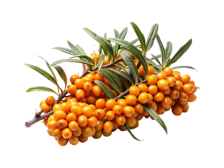 Close up of sea buckthorn berries on branch with green leaves