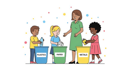 Children and a teacher sorting waste into recycling bins, promoting environmental awareness.