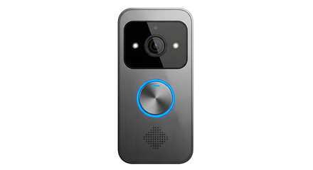 Modern gray wireless video doorbell with a circular button and camera.